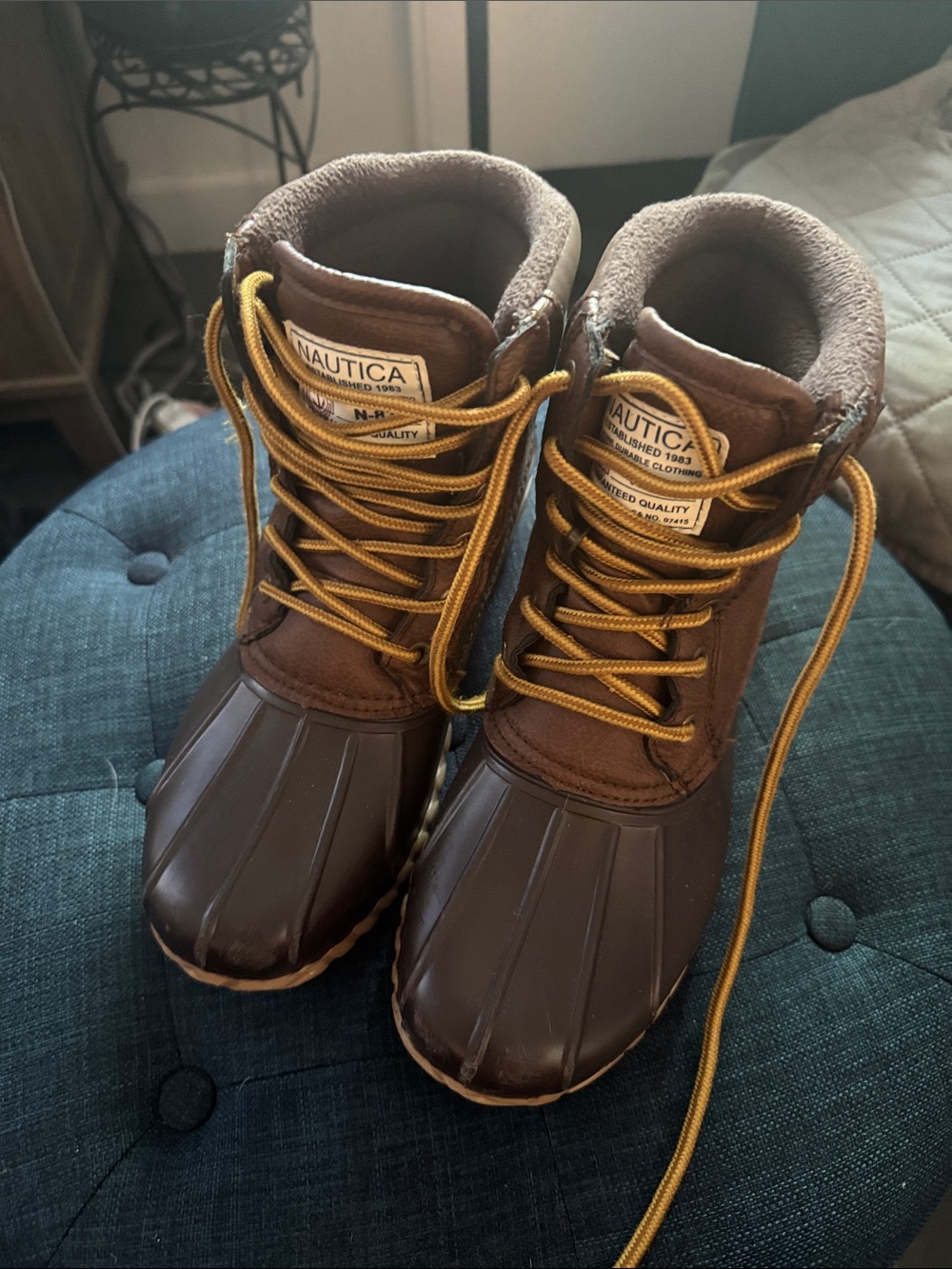 Nautica Brown and Gold Lace-Up Waterproof Rain Boots